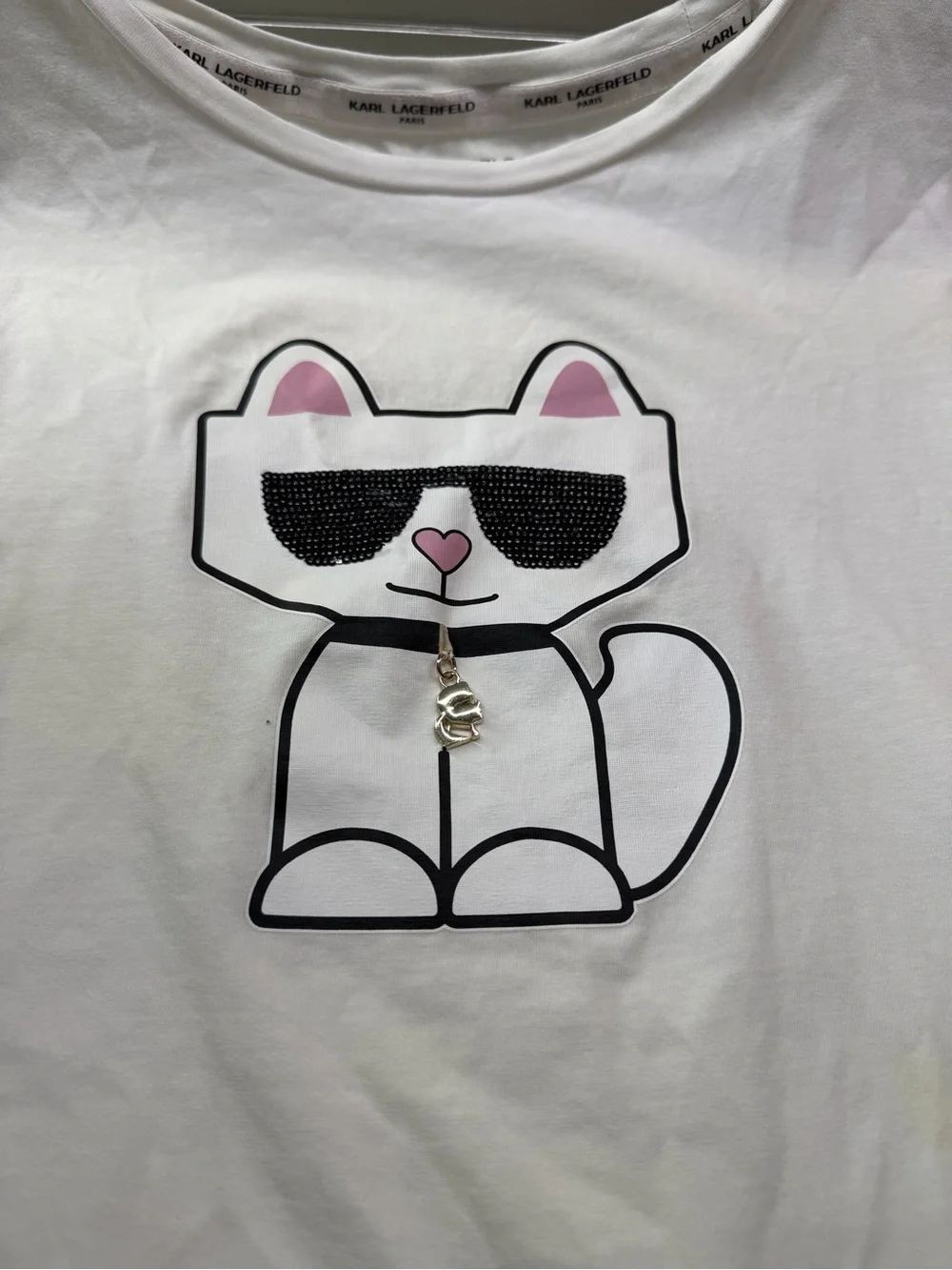 Karl Lagerfeld White Tee with Beige Cat Graphic and Pink Ear Accents